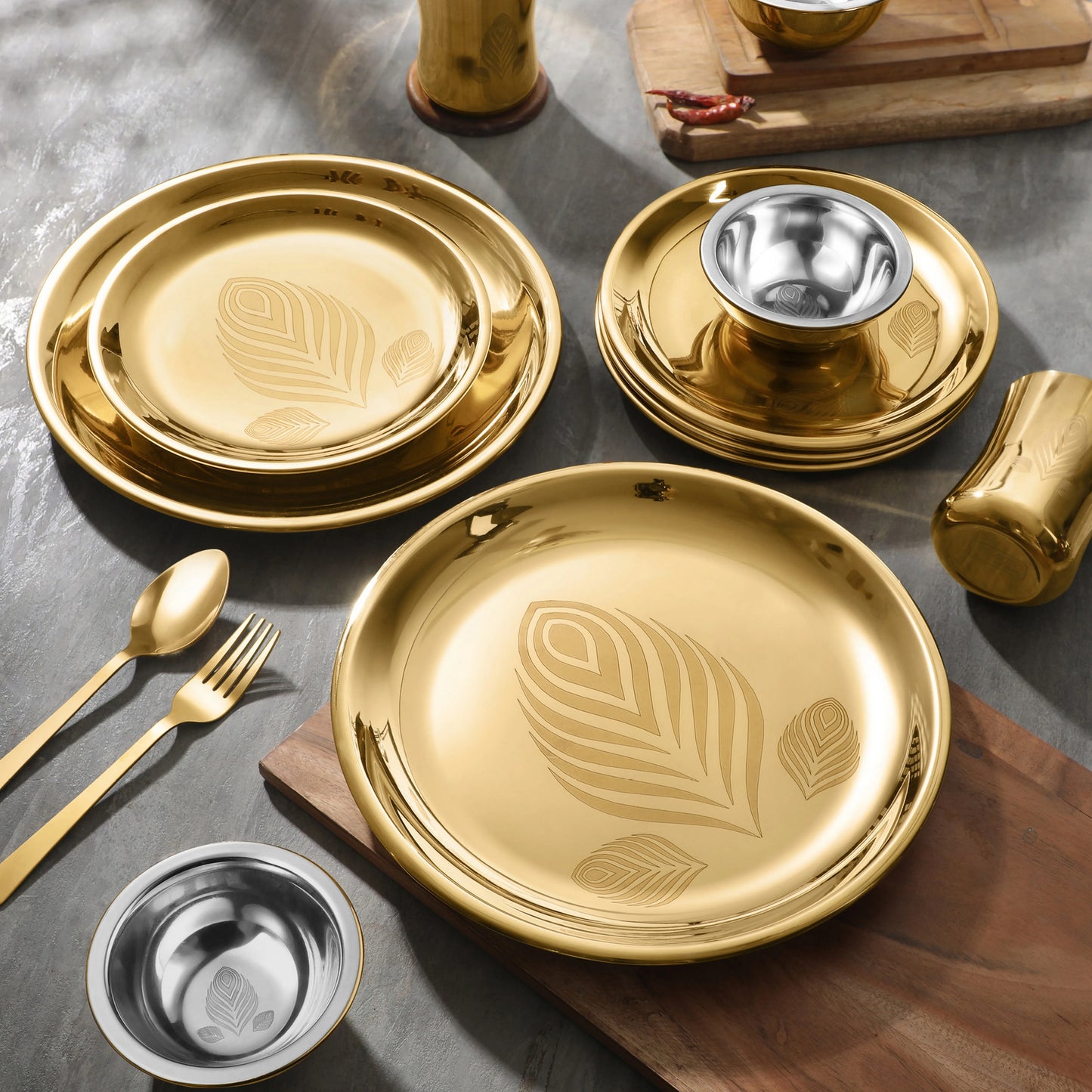 Stainless Steel Divine Dinner Set with High Grade PVD Coating & Permanent Laser Design