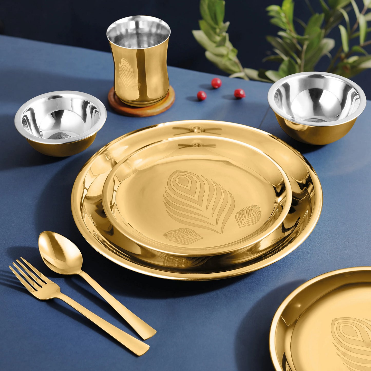 Stainless Steel Divine Dinner Set with High Grade PVD Coating & Permanent Laser Design