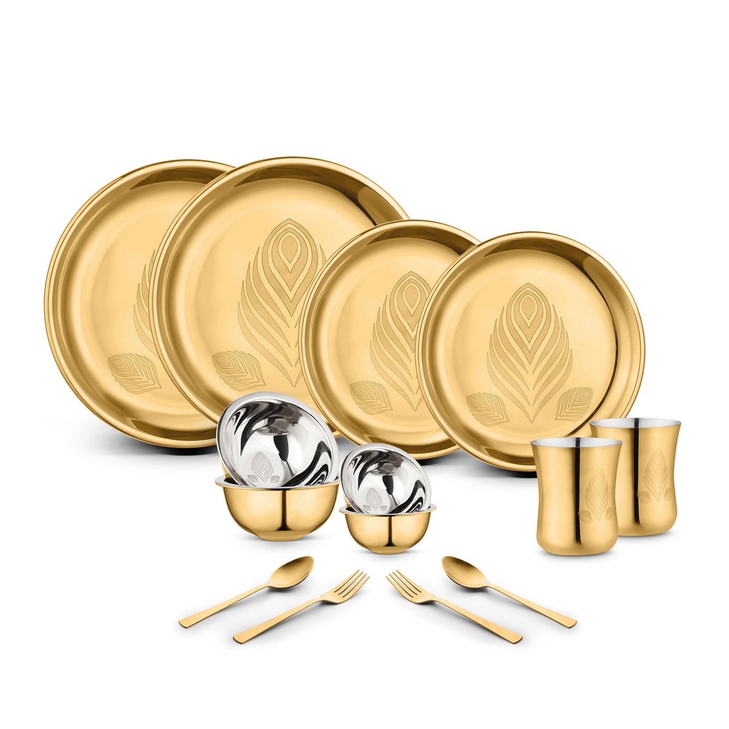 Stainless Steel Divine Dinner Set with High Grade PVD Coating & Permanent Laser Design