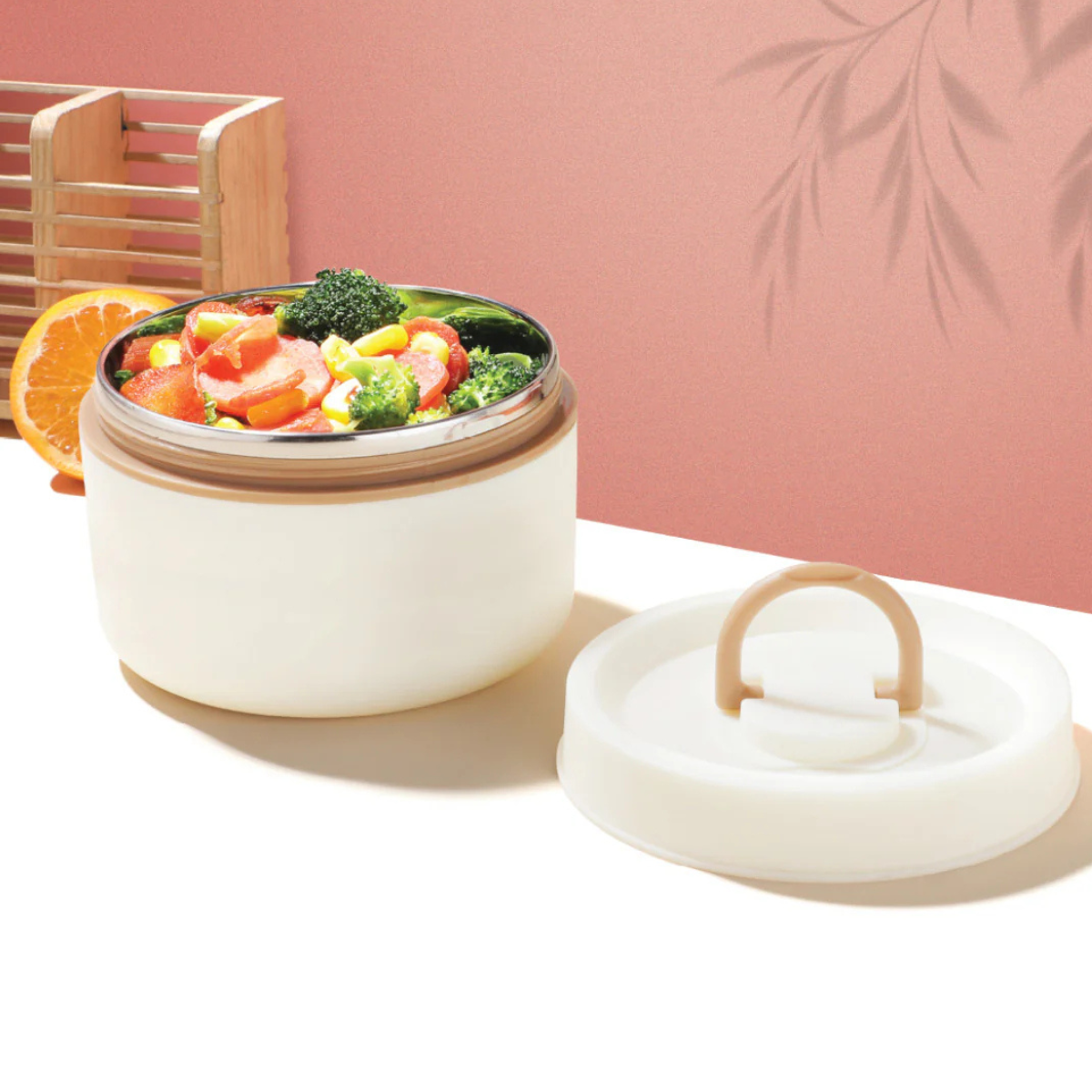 Stainless Steel 1 Container Microwave Safe Round Lunch Box – 600ML, White