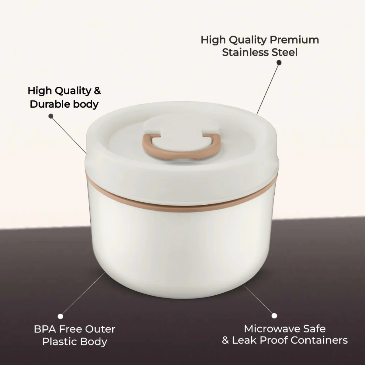 Stainless Steel 1 Container Microwave Safe Round Lunch Box – 600ML, White