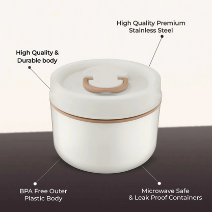 Stainless Steel 1 Container Microwave Safe Round Lunch Box – 600ML, White