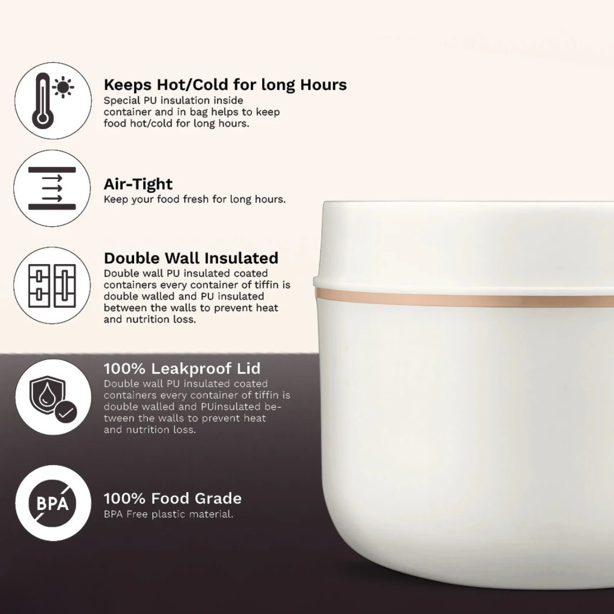 Stainless Steel 1 Container Microwave Safe Round Lunch Box – 600ML, White